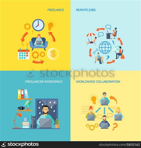 Freelance Decorative Icon Set. Freelancer workspace worldwide collaboration and remote jobs flat color decorative icon set isolated vector illustration