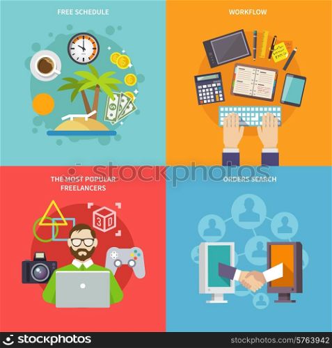 Freelance design concept with free schedule workflow most popular freelancers orders search flat icons isolated vector illustration