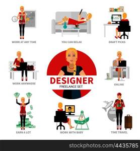 Freelance Designer Set. Freelance designer set with different advantages of work isolated vector illustration