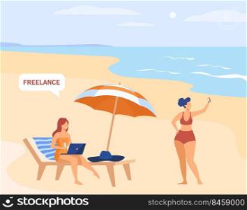 Freelance employee working on vacation. Freelancer using laptop on ocean or beach. Flat vector illustration. Summer holidays, leisure on beach concept for banner, website design or landing web page