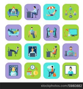 Freelance Flat Color Icon Set. Freelance remote work at home or anywhere and anytime flat color icon set isolated vector illustration