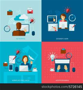 Freelance flat set with networking designer work web programming workplace isolated vector illustration