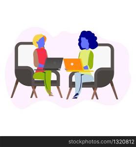 Freelance Girl Sitting on Chair Working on Laptop. Business Coworking Process. Two Female Character with Computer Sit in Armchair Make Conversation Work Together. Cartoon Flat Vector Illustration. Freelance Girl Sitting on Chair Working on Laptop
