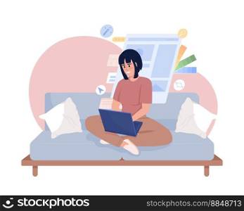 Freelance graphic designer 2D vector isolated illustration. Young woman learning digital art from home flat character on cartoon background. Colorful editable scene for mobile, website, presentation. Freelance graphic designer 2D vector isolated illustration