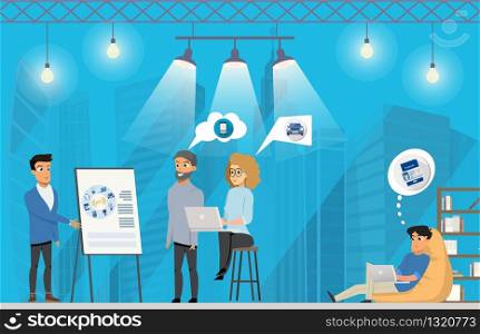 Freelance Group Presentation at Coworking Area. Freelancer Team Working in Shared Workspace. Woman with Laptop Sitting on Stool. Guy on Beanbag Chair. Flat Cartoon Vector Illustration. Freelance Group Presentation at Coworking Area