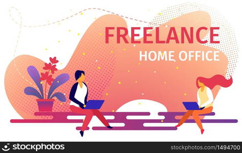 Freelance Home Office Horizontal Banner. Freelancer Man and Woman Working by Laptop. Successful Male and Female Characters Remote Employees Work from Coworking Place. Cartoon Flat Vector Illustration. Successful Characters Remote Employees Work Home