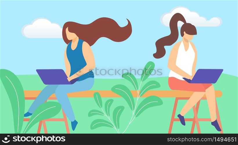 Freelance Home Office Workplace. Couple of Girls Freelancer Characters Working Remotely on Laptop Sitting Outdoors in Summer Time. Outsourced Employees Occupation Cartoon Flat Vector Illustration. Young Girls Freelancer Characters Working Remotely