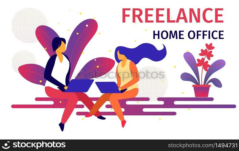 Freelance Home Office Workplace Horizontal Banner. Couple of Male and Female Hipster Freelancers Characters Working Remotely on Laptop. Outsourced Employees Occupation Cartoon Flat Vector Illustration. Freelance Home Office Workplace Horizontal Banner.