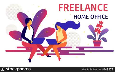 Freelance Home Office Workplace Horizontal Banner. Couple of Male and Female Hipster Freelancers Characters Working Remotely on Laptop. Outsourced Employees Occupation Cartoon Flat Vector Illustration. Freelance Home Office Workplace Horizontal Banner.