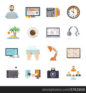 Freelance icon flat set with freelancer laptop business meeting isolated vector illustration