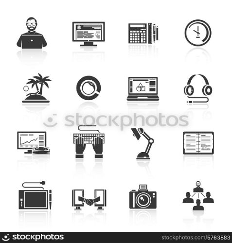 Freelance icon set with clock business plan report notebook black isolated vector illustration. Freelance Icon Set