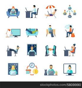 Freelance Icons Set . Freelance icons set with working at home rest and laptop flat isolated vector illustration