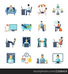 Freelance icons set with working at home rest and laptop flat isolated vector illustration . Freelance Icons Set