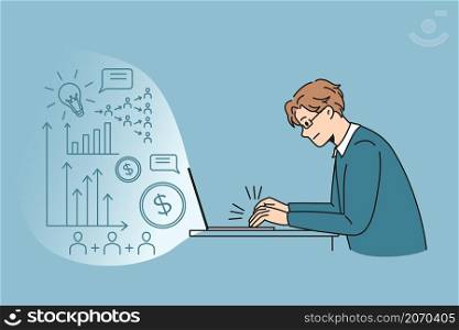 Freelance, innovation and startup concept. Young man businessman sitting working at laptop innovating business project online making money vector illustration . Freelance, innovation and startup concept