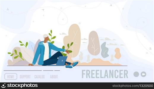 Freelance Job Opportunities Search, Distant Work Offers Online Aggregator Service Flat Vector Web Banner, Landing Page Template. Freelancer Man Sitting on Lawn in Park, Working on Laptop Illustration