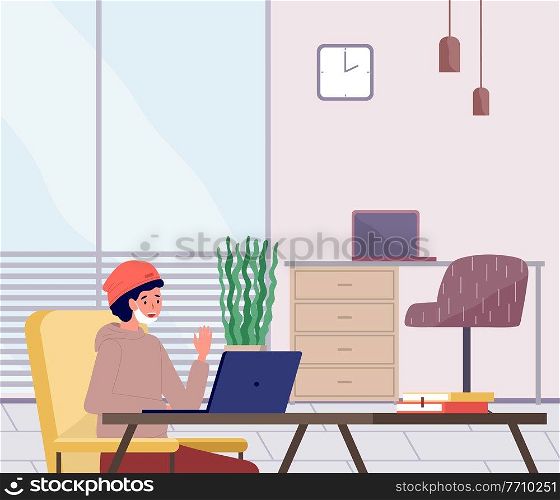 Freelance job vector illustration. Masked man working on the internet using laptop during the quarantine due to covid-19. Guy works on computer and spends time at home during the coronavirus epidemic. Freelance job vector illustration. Masked man working with a laptop during the quarantine