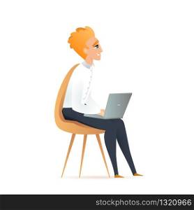 Freelance Man Holding Laptop Sitting on Chair. Young Smiling Coworker Wearing Shirt. Male Freelancer, Happy Businessman Character Working by Computer. Flat Cartoon Vector Illustration. Freelance Man Holding Laptop Sitting on Chair