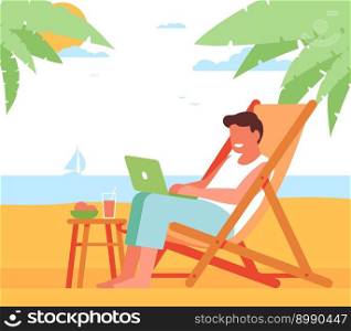 Freelance man working with laptop on beach. Freelancer sitting in chaise lounge chair. Remote job. Sea shore. Happy entrepreneur relaxing under palms. Summer vacation. Tropical resort. Vector concept. Freelance man working with laptop on beach. Freelancer sitting in chaise lounge chair. Remote job. Entrepreneur relaxing under palms. Summer vacation. Tropical resort. Vector concept