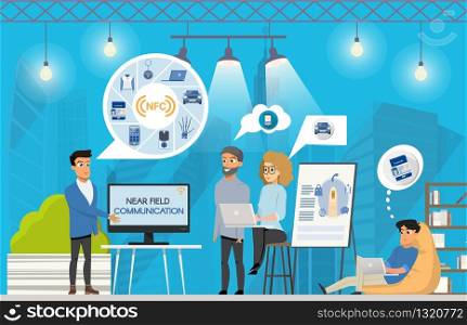 Freelance NFC Presentation at Coworking Space. Group of Freelancer Working in Shared Workspace. Woman with Laptop Sitting on Stool. Guy on Beanbag Chair. Flat Cartoon Vector Illustration. Freelance NFC Presentation at Coworking Space