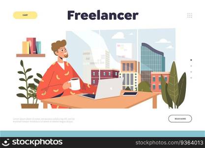 Freelance occupation concept of landing page with freelancer man working on laptop in modern coworking space. Remote worker, programmer or web designer at workplace. Cartoon flat vector illustration. Freelance occupation concept of landing page with freelancer man work on laptop in coworking space