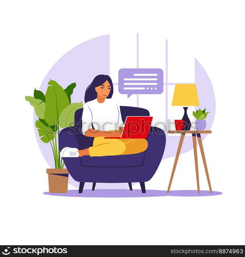 Freelance, online education or social media concept. Woman sitting on sofa with laptop. Working on a computer from home, remote job. Flat style. illustration.