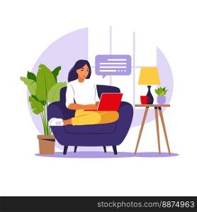 Freelance, online education or social media concept. Woman sitting on sofa with laptop. Working on a computer from home, remote job. Flat style. illustration.