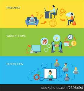 Freelance online work at home and remote jobs flat color banner set isolated vector illustration. Freelance Flat Color Banner Set