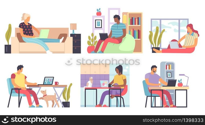 Freelance people. Men and women working remotely home on laptops and computers, self employed distant office, self-isolation vector concepts. Freelance people. Men and women working home on laptops and computers, self employed distant office, self-isolation vector concepts