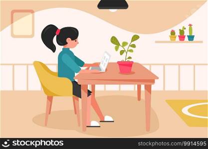 Freelance, quarantine, work, business concept. Young woman or girl freelancer dressed in domestic clothes working at home with laptop remotely. Online study and education during coronavirus lockdown.. Freelance, quarantine, work, business concept