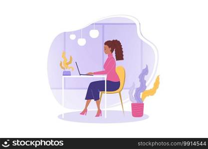 Freelance, remote work concept. Young businesswoman employee freelancer working on laptop at home remotely. Girl clerk manager character sitting on workplace at office or cafe flat vector illustration. Freelance, remote work, workplace concept.