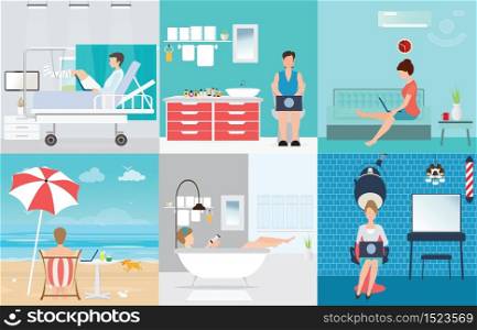Freelance set with Various cartoon character design working at home, Part time Outsources, Job Employment, self employed, home office, freedom, in living room, bathroom toilet, conceptual vector illustration.