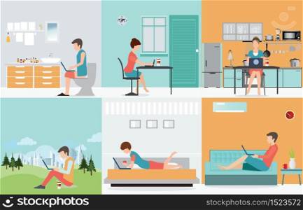 Freelance set with Various cartoon character design working at home, work from home, self employed, home office, work at home, freedom, conceptual vector illustration.