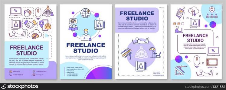 Freelance studio brochure template. Remote work. Designer workplace. Flyer, booklet, leaflet print, cover design with linear icons. Vector layouts for magazines, annual reports, advertising posters