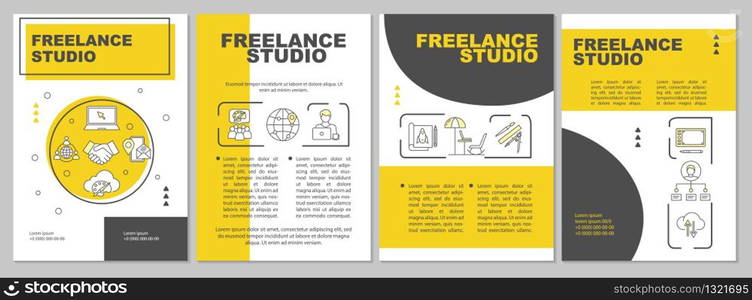 Freelance studio brochure template. Working from laptop wireless. Flyer, booklet, leaflet print, cover design with linear icons. Vector layouts for magazines, annual reports, advertising posters