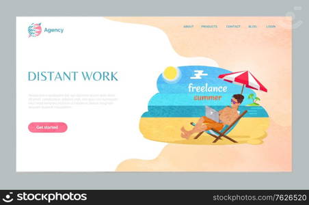 Freelance summer or distant work of man, laptop on beach, smiling male using wireless divice, male sitting under umbrella, workplace outdoor vector. Website webpage template, landing page flat style. Distant Work on Beach, Man Using Laptop Vector