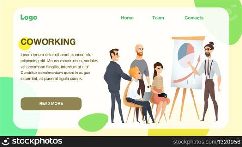 Freelance Team Meeting at Modern Coworking Studio. Trendy Male Character Pointing on Flip Chart with Diagram, infront of Colleague. Coworker Group Presentation. Cartoon Flat Vector Illustration. Freelance Team Meeting at Modern Coworking Studio