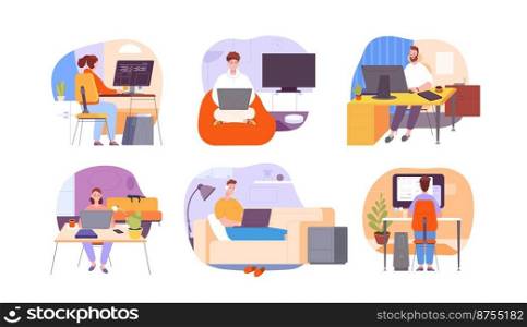 Freelance use computer home. Laptop in office desk, cartoon woman man remote worker, smart people online job house chair professional workplace splendid character vector illustration of freelance. Freelance use computer home. Laptop in office desk, cartoon woman man remote worker, smart people online job house chair professional workplace splendid character vector