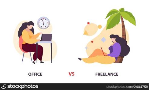 Freelance vs office work. Woman with laptop in diverce location vector concept. Illustration of freelance and office workplace at laptop. Freelance vs office work. Woman with laptop in diverce location vector concept
