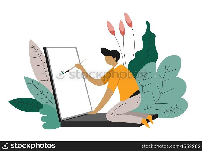Freelance web designer freelancer isolated character at laptop with paintbrush abstract plants computer and painting online creative occupation distance work modern technologies and art design. Freelancer isolated character freelance web designer at laptop
