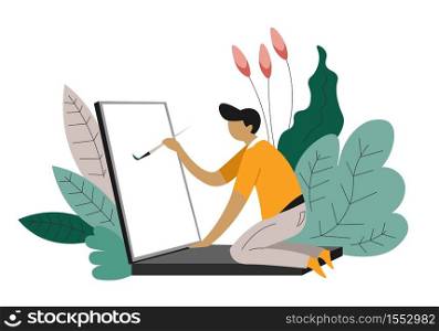 Freelance web designer freelancer isolated character at laptop with paintbrush abstract plants computer and painting online creative occupation distance work modern technologies and art design. Freelancer isolated character freelance web designer at laptop