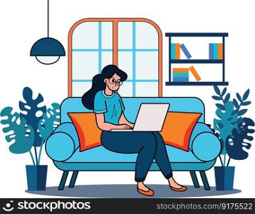 Freelance woman sitting at home working with laptop illustration in doodle style isolated on background