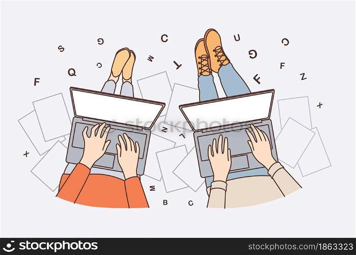 Freelance work and writing online concept. Hands of people freelancers sitting working on laptops writing texts articles blogging vector illustration. Freelance work and writing online concept