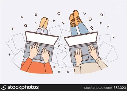 Freelance work and writing online concept. Hands of people freelancers sitting working on laptops writing texts articles blogging vector illustration. Freelance work and writing online concept