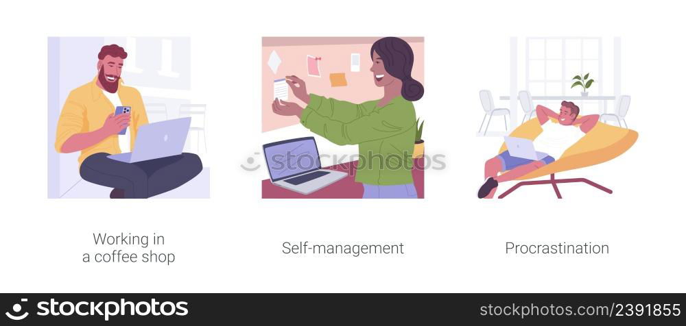 Freelance work organization isolated cartoon vector illustrations set. Working in a coffee shop, self-management of freelancers workers, procrastination and time management problems vector cartoon.. Freelance work organization isolated cartoon vector illustrations set.