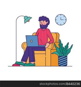Freelance worker doing work via laptop vector illustration. Happy employee working at home office sitting in armchair. Distance working and remote workplace concept.