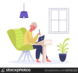 Freelance worker sitting in armchair and working with laptop. Web designer working remotely at home. Man employee having online tasks. Young character having job vector illustration