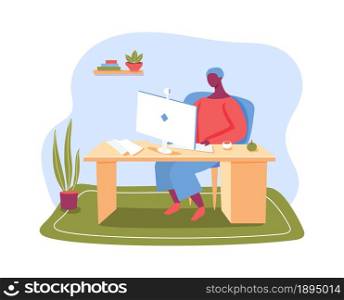 Freelance worker work from home, remotely job. Vector freelance worker at workplace, remote online employee, character sitting at work on distance illustration. Freelance worker work from home, remotely job