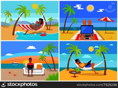 Freelance workers at beach near sea with laptops set. Freelancers work at sea shore in tropics on sand under tall palms cartoon vector illustrations.. Freelance Workers at Beach near Sea with Laptops
