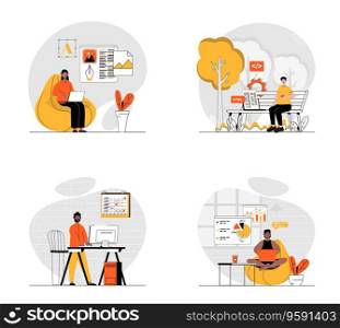 Freelance working concept with character set. Collection of scenes people working remote as designer, developer, manager, data analyst, programmer at home. Vector illustrations in flat web design