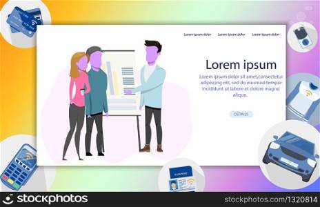 Freelance Working Group Standing near Flip Board. Freelancer Woman Holding Cup of Tea or Coffee. Businessman Making Presentation to Couple Character. Flat Cartoon Vector Illustration. Freelance Working Group Standing near Flip Board